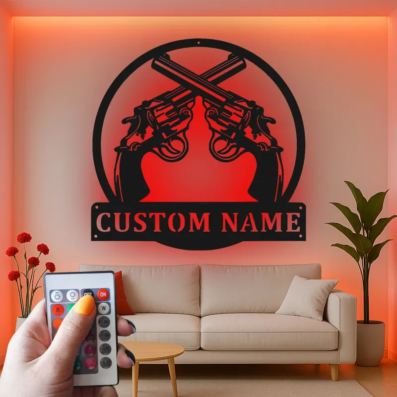 Décoration murale en métal LED personnalisée de revolver - Cadeau unique pour les passionnés d'armes