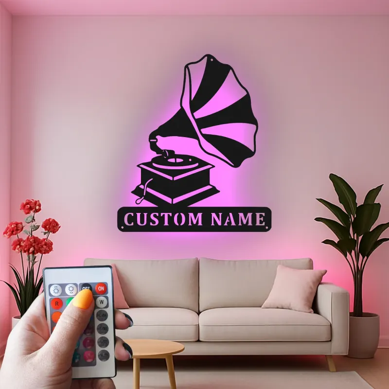 Arte Murale in Metallo LED con Gramofono | Regalo Personalizzato per Amante della Musica | Insegna con Nome Personalizzato per Decorazione Retro di Casa e Studio