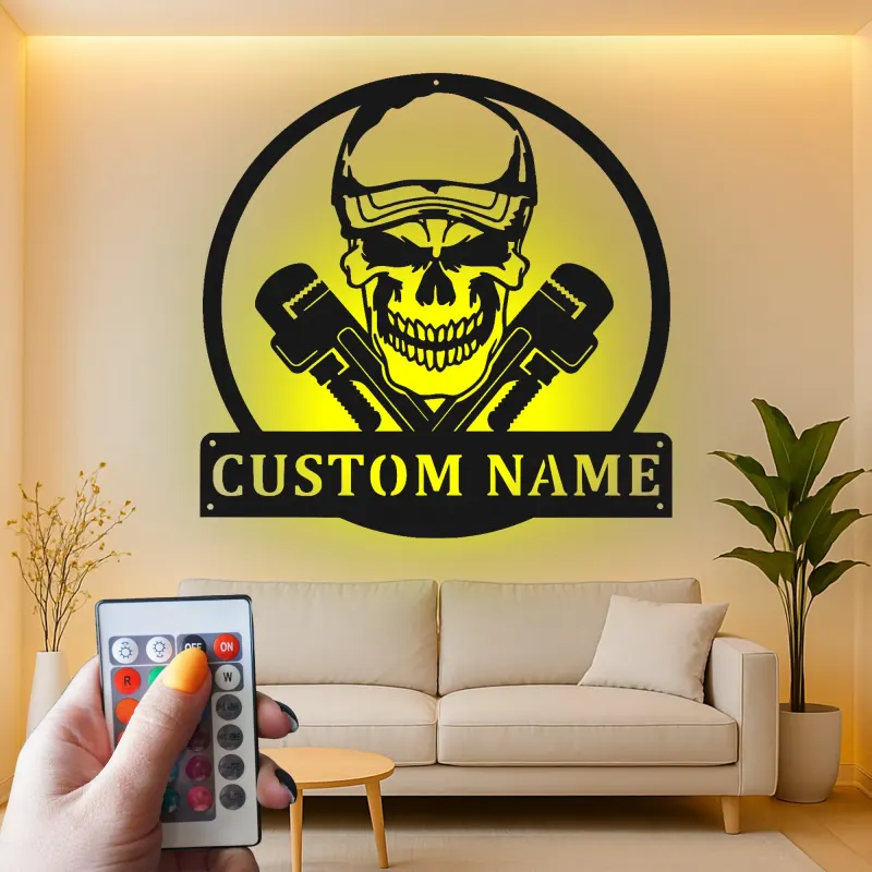 Cartel Personalizado de Calavera de Fontanero | Arte Mural LED de Metal Personalizado | Decoración de Garaje de Mecánico | Regalo de Cueva de Hombre Gótico