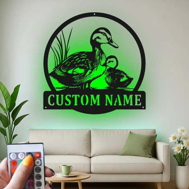 Custom Duck Family Led Light Metal Wall Art Personalized Nature Lover Gift Living Room Wildlife Decor