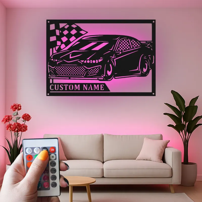 Personalized Race Car LED Sign | Custom Metal Wall Art for Garage | Gift for Car Enthusiast | Racing Decor