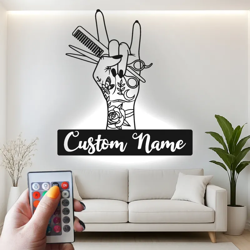 Enseigne LED en métal pour coiffeur | Décoration murale de salon personnalisée | Art sur mesure pour barber shop | Plaque nominative inspirée du tatouage