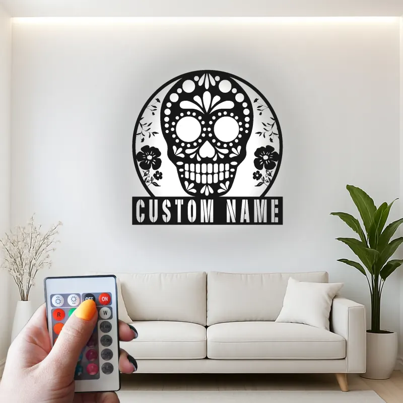 Personalized Sugar Skull Metal Sign | Custom Calavera LED Wall Art | Day of the Dead Decor | Gothic Floral Home Gift