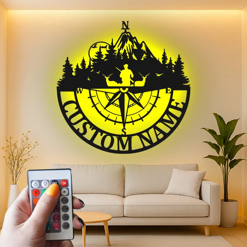 Cartel de metal personalizado de brújula de cazador | Decoración mural LED para cabaña | Regalo con nombre a medida para amantes del aire libre