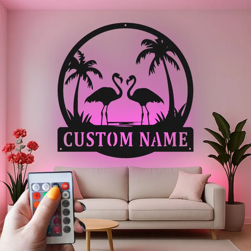 Arte mural de metal LED de flamenco | Cartel tropical personalizado | Decoración de casa de playa | Placa de nombre personalizada para hogares costeros
