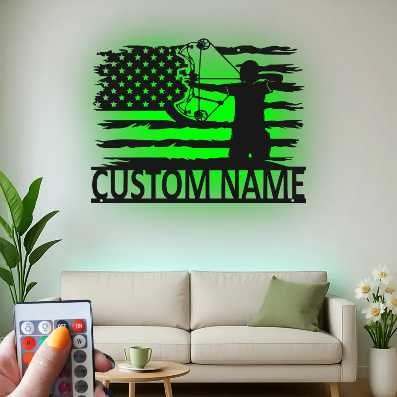 Personalisierte Bogenschießen Amerikanische Flagge LED Licht Metall Wandkunst Einzigartiges Geschenk für Bogenschützen Man Cave oder Garagen Dekor