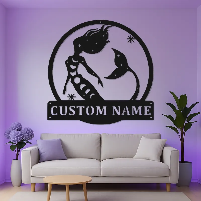 Arte mural de sirena personalizada | Letrero LED de metal a medida para habitación de niña | Decoración náutica mística con nombre