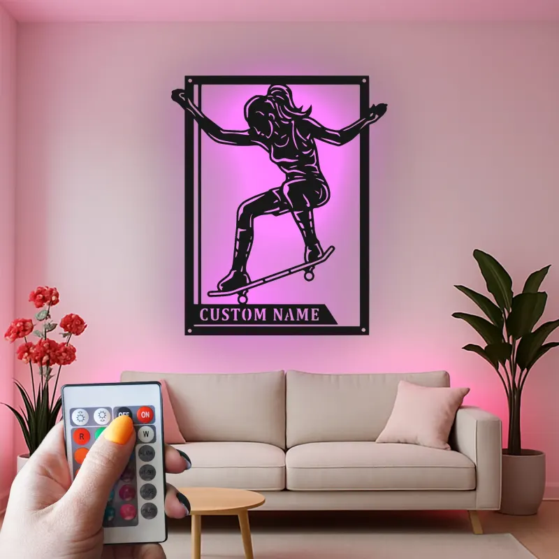 Décoration murale en métal personnalisée avec skateboard LED - Cadeau pour passionnés de skateboard et décoration de chambre d'adolescent