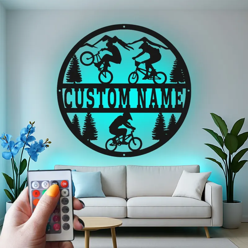 Custom BMX Cyclist Led Light Metal Wall Art Personalized Gift for Biking Enthusiasts Outdoor Adventure Decor