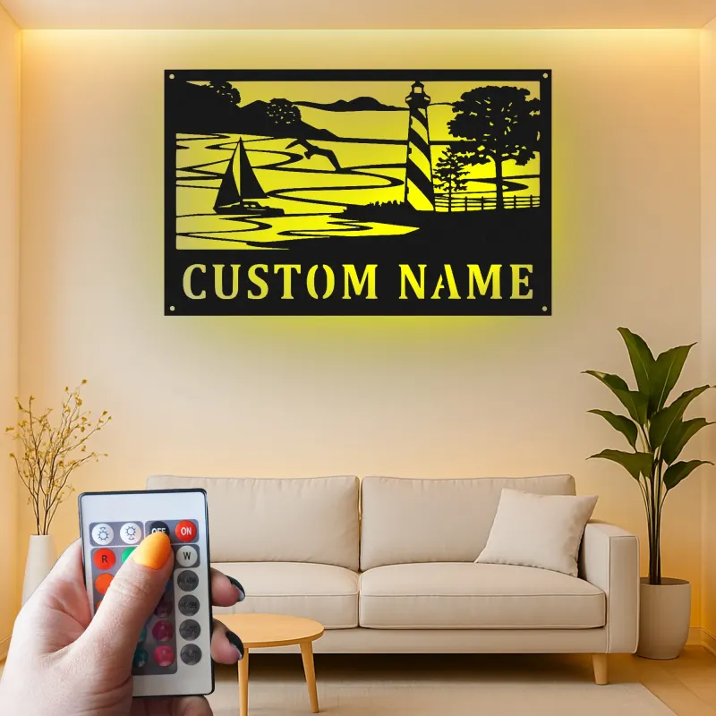 Décoration murale en métal personnalisée avec phare et voilier et rétroéclairage pour les amoureux de la plage