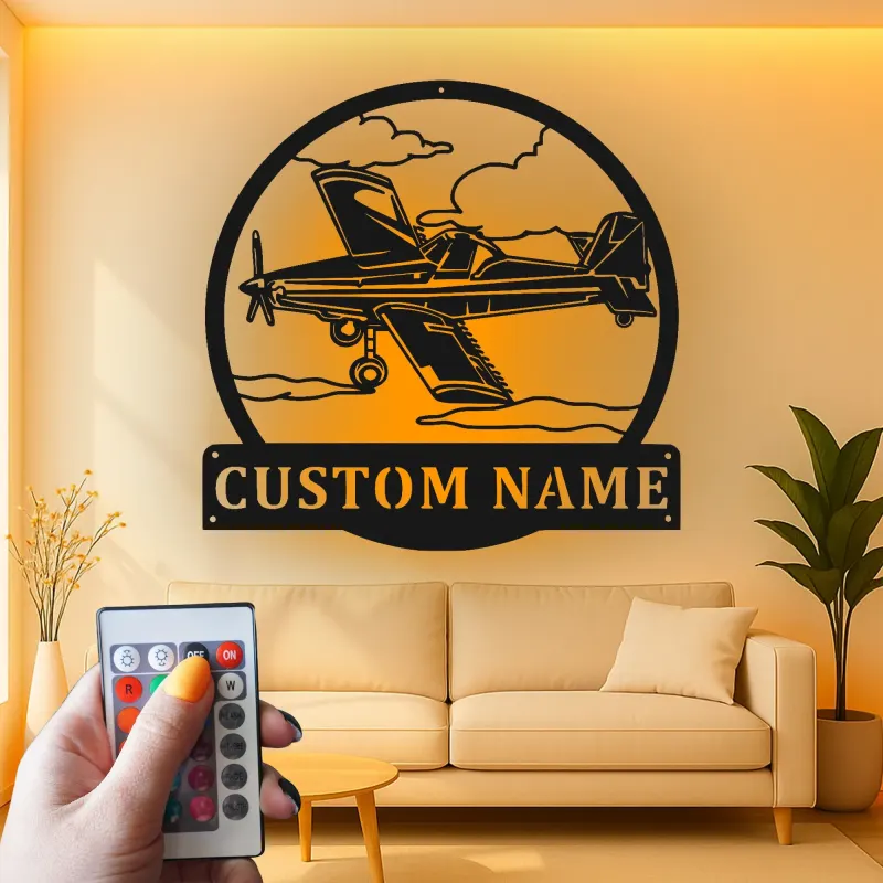 Décoration murale en métal personnalisée avec lumière LED d'avion - Cadeau d'aviation pour pilote, décoration de hangar pour passionnés d'aviation