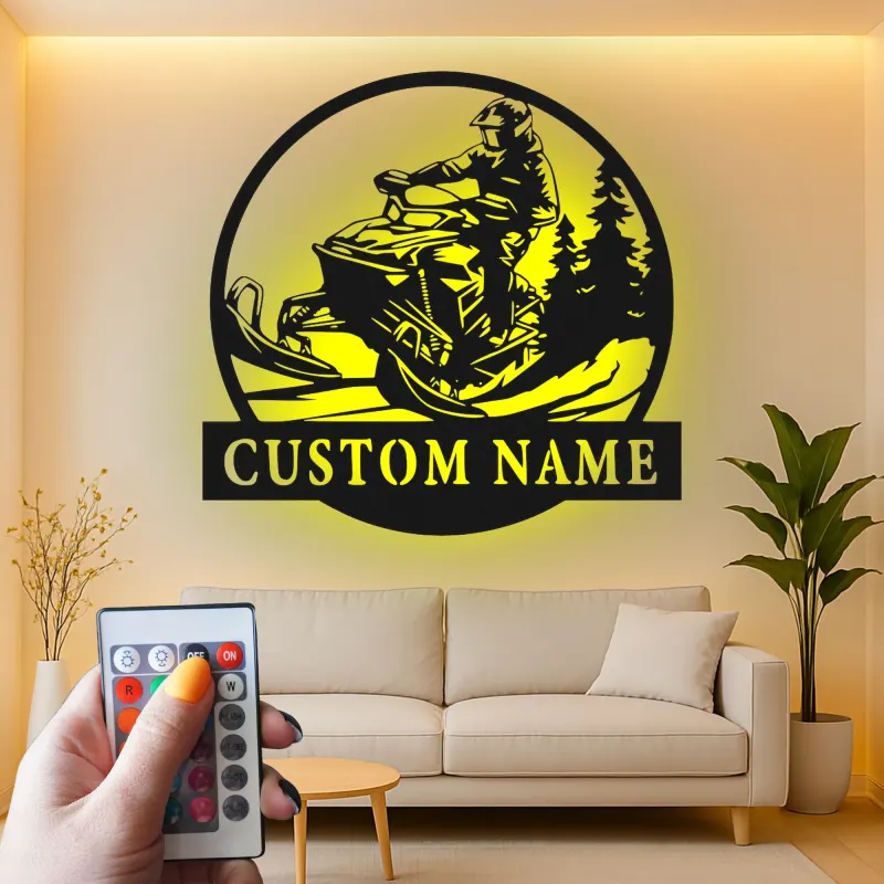 Personalized Snowmobile LED Metal Wall Art | Custom Name Sign for Rider | Winter Sports Decor & Outdoor Enthusiast Gift