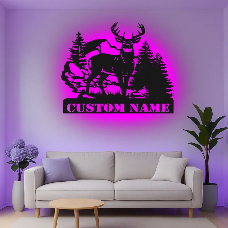 Insegna in metallo personalizzata con luce LED per foresta di cervi - Regalo personalizzato per cacciatori, decorazione rustica per cabin
