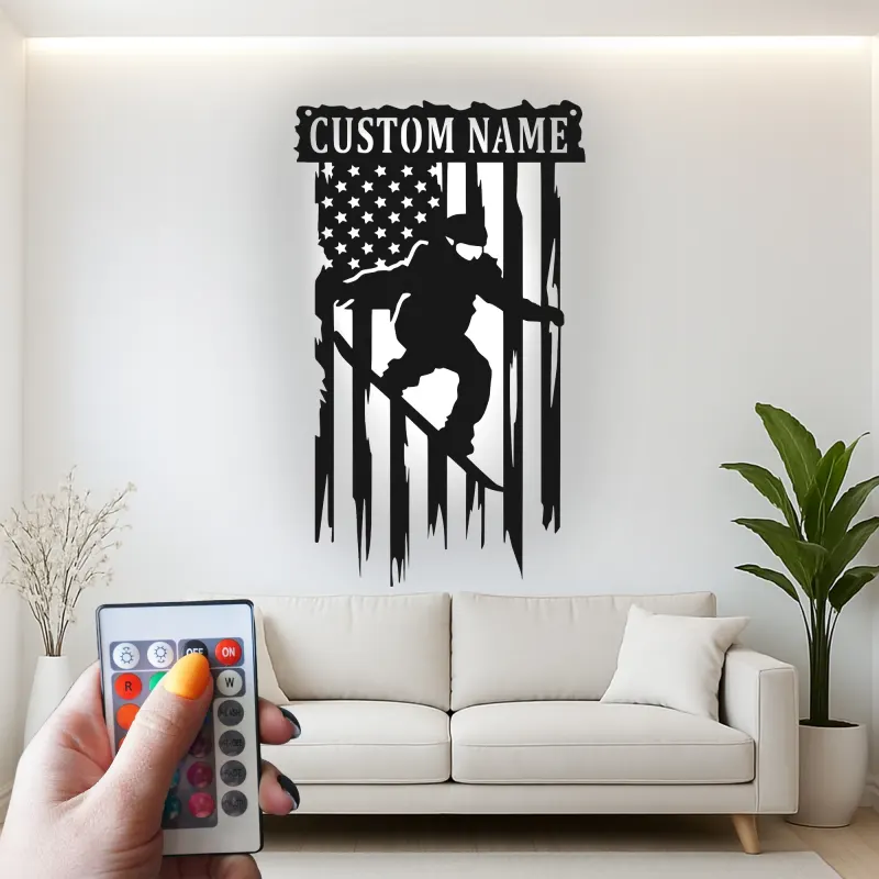 Insegna con nome personalizzata per snowboarder | Arte murale in metallo LED | Decorazione snowboard con bandiera americana | Regalo per camera di adolescente