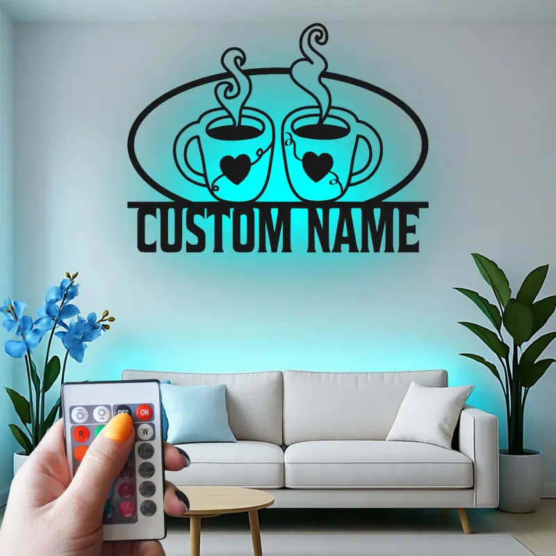 Cartel de metal personalizado con luz LED para pareja de tazas de café, regalo personalizado para cocina o decoración de café