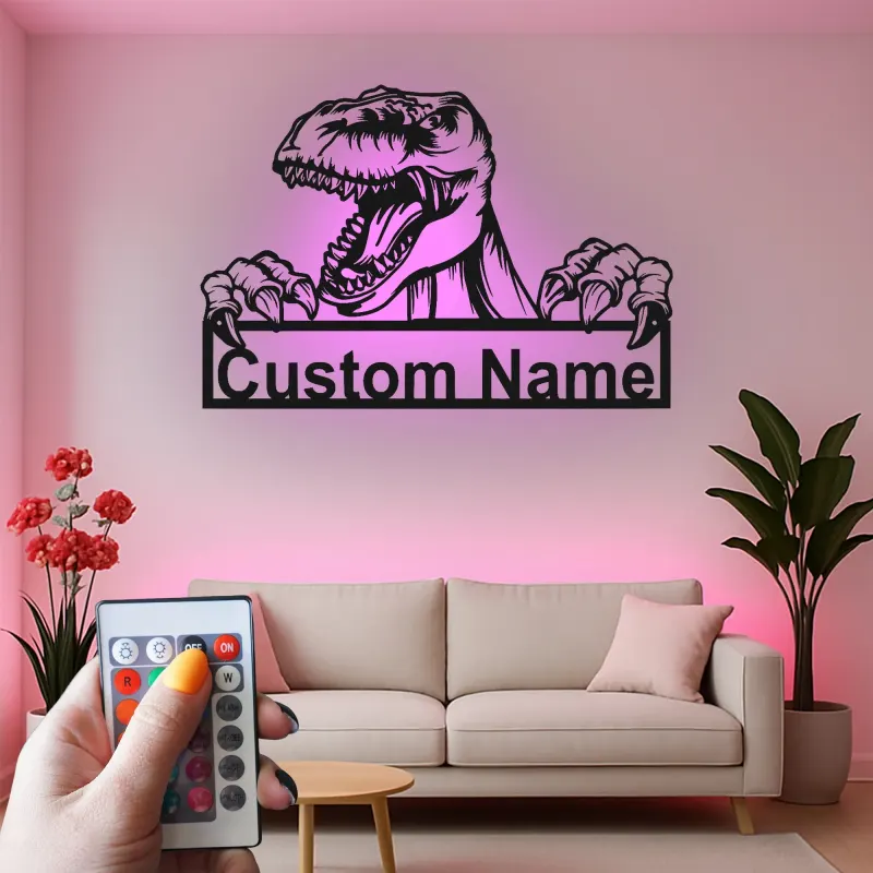 Custom T-Rex Led Light Metal Wall Art Personalized Dinosaur Gift for Kids Unique Bedroom Decor