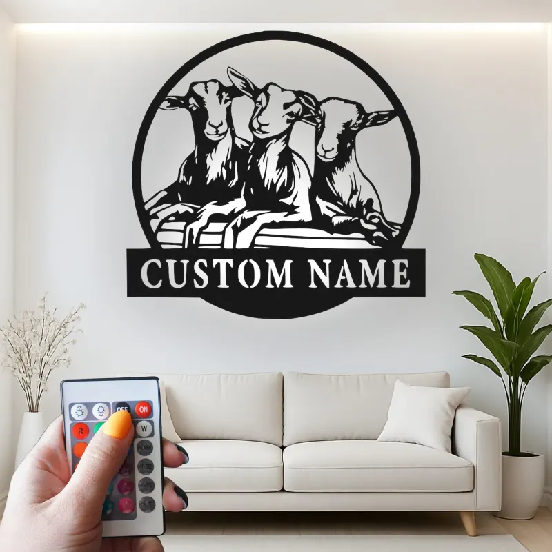 Cartel de metal de cabra personalizado con LED | Decoración mural farmhouse personalizada | Decoración rústica de granero y regalo para amantes de las cabras