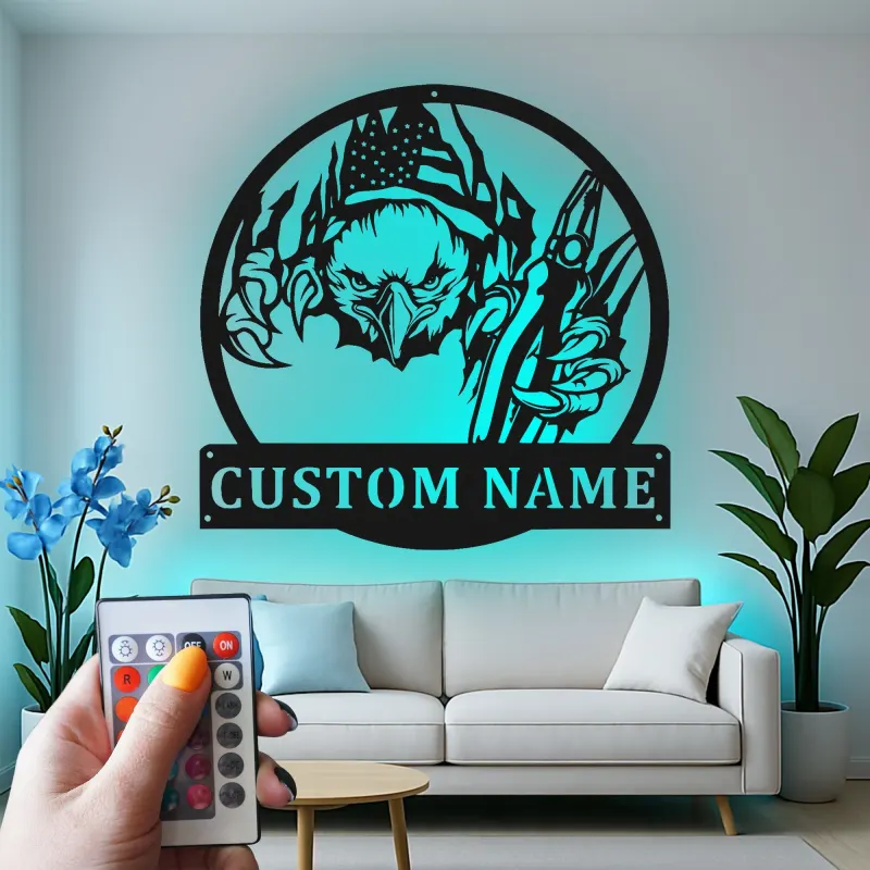 Décoration murale en métal personnalisée avec éclairage LED Aigle Américain - Cadeau patriotique pour lui, décoration de garage ou de man cave