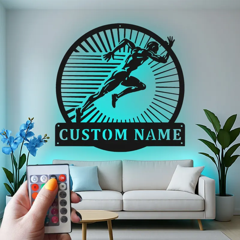 Custom Runner Name Sign | LED Metal Wall Art for Gym & Home | Personalized Track Athlete Gift | Sprint Silhouette Decor