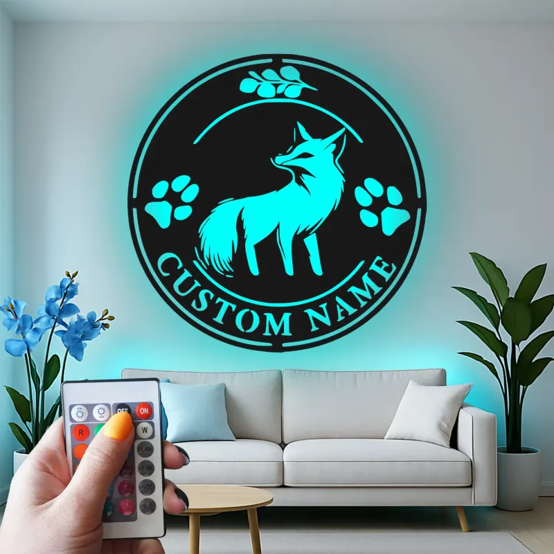Insegna in metallo LED con volpe su misura | Decorazione murale personalizzata con fauna selvatica | Arredo rustico per casa e baita per amanti della natura
