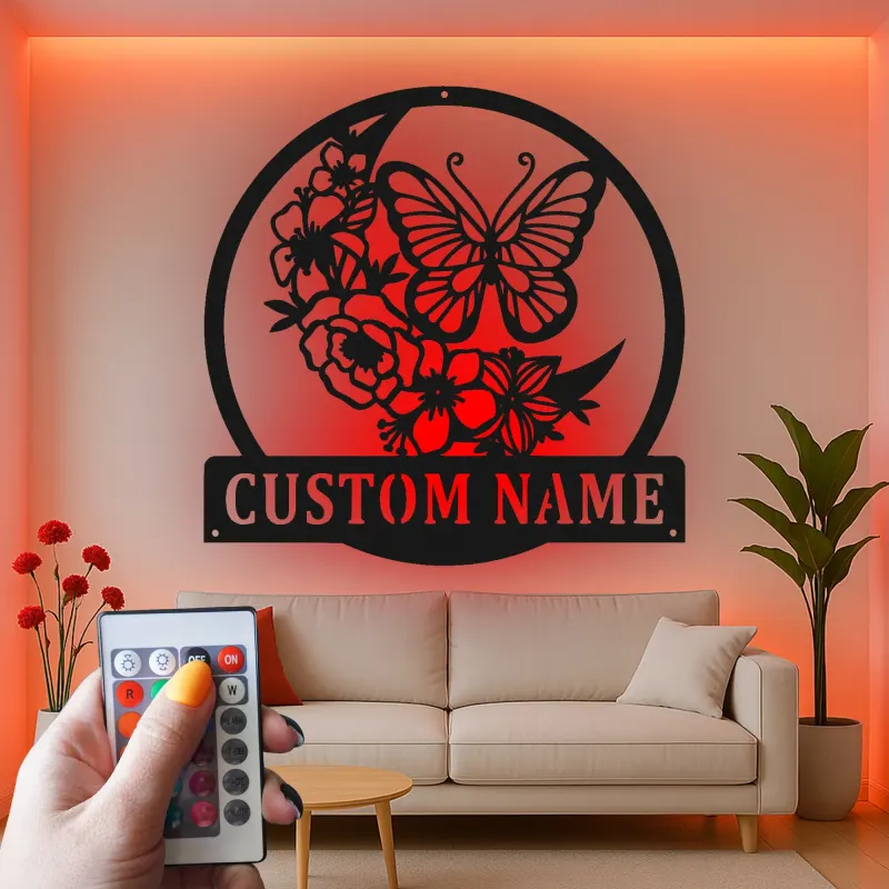 Décoration murale en métal personnalisée Papillon et Fleurs avec Rétroéclairage LED Cadeau pour Amateurs de Nature Décor de Chambre ou de Jardin