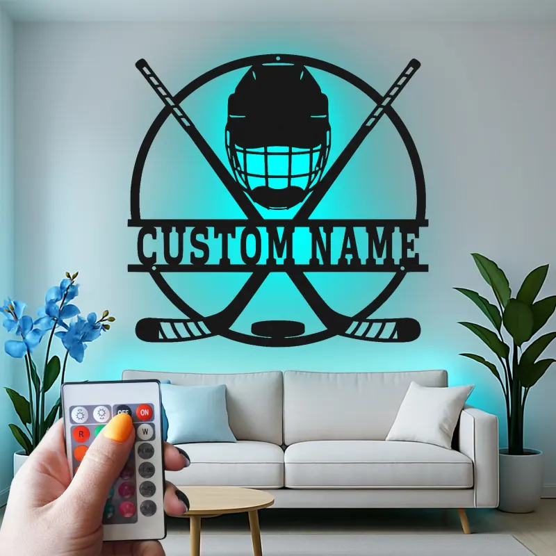 Cartel LED personalizado de jugador de hockey | Decoración mural de metal personalizada | Regalo deportivo para habitación infantil y cueva masculina
