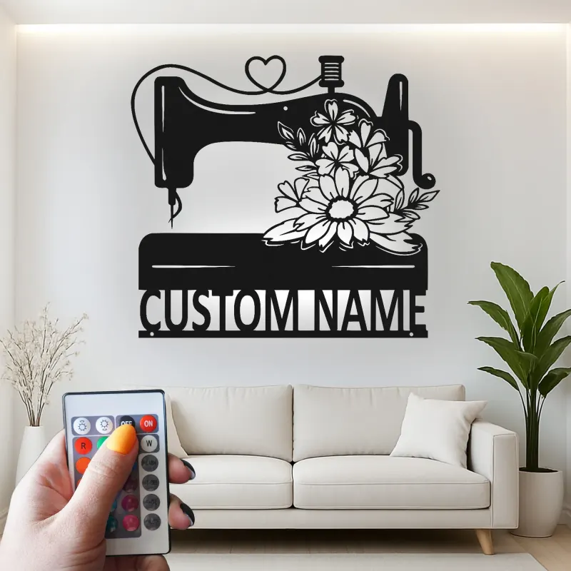 Custom Sewing Machine Sign | Personalized LED Metal Wall Art | Seamstress Gift & Craft Room Decor