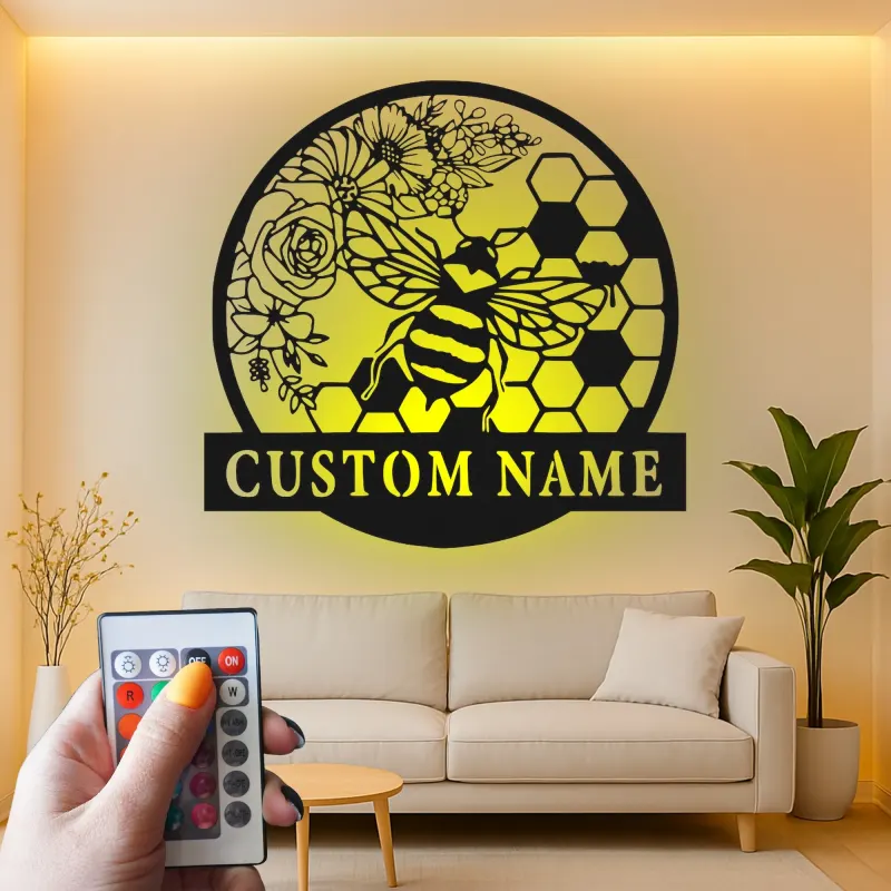 Custom Bee and Flowers Led Light Metal Wall Art Personalized Gift for Nature Lovers Garden or Living Room Decor