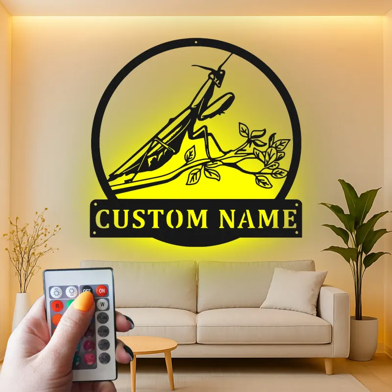 Praying Mantis LED Metal Art | Custom Name Sign for Garden Lovers | Realistic Insect Wall Decor