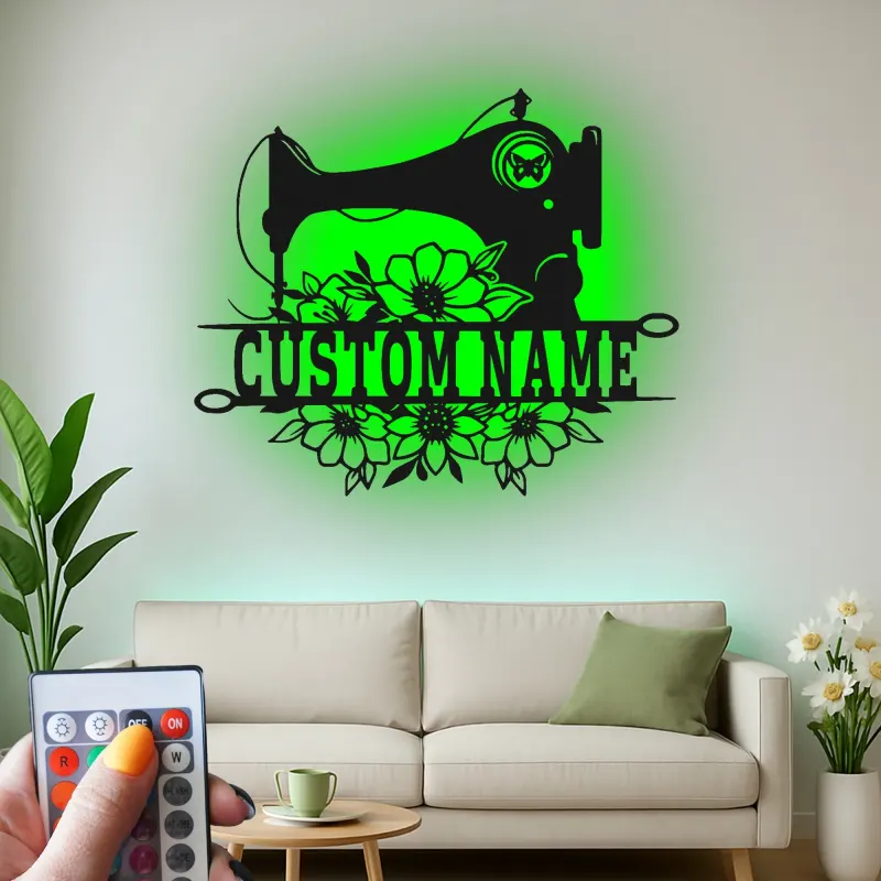 Cartel de máquina de coser personalizado | Decoración mural de metal LED | Decoración personalizada para el cuarto de manualidades | Regalo para costurera o mamá
