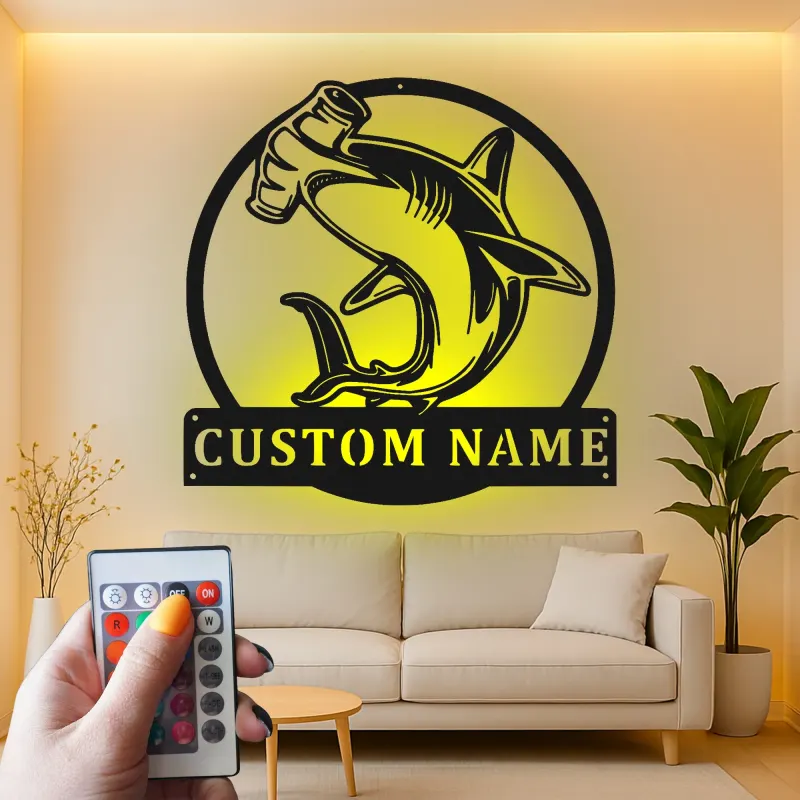 Cartel personalizado de tiburón martillo | Arte mural LED de metal personalizado | Decoración de depredador oceánico para cueva del hombre u oficina | Regalo para pescador