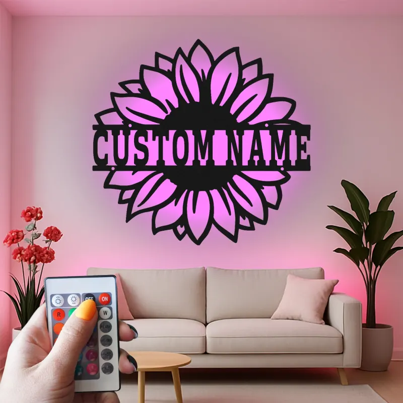 Cartel de metal personalizado con girasol | Arte mural floral retroiluminado por LED | Decoración personalizada para mamá | Pieza de acento rústica para el dormitorio