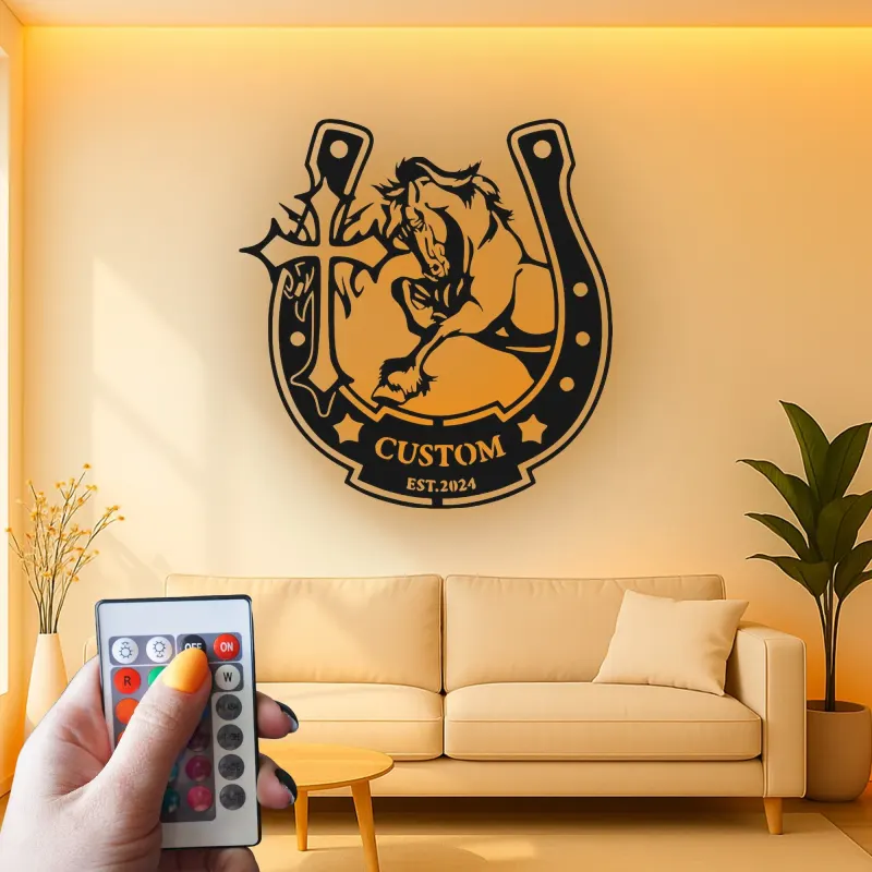 Custom Horse LED Metal Sign | Personalized Horseshoe Cross Wall Art | Equestrian Ranch Decor for Horse Lovers