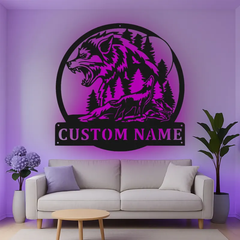 Décoration murale en métal personnalisée avec lumière LED de loup et forêt