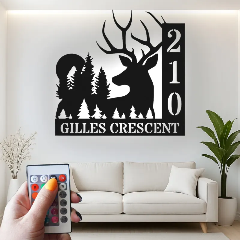 Insegna in metallo personalizzata con cervo e alberi retroilluminata LED regalo per casa nuova decorazione per cabin all'aperto