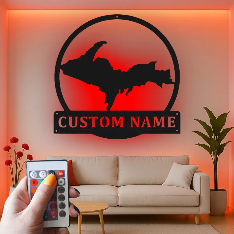Cartel de metal personalizado con luz LED de la Península Superior, regalo personalizado de Michigan, decoración para la sala de estar o la oficina