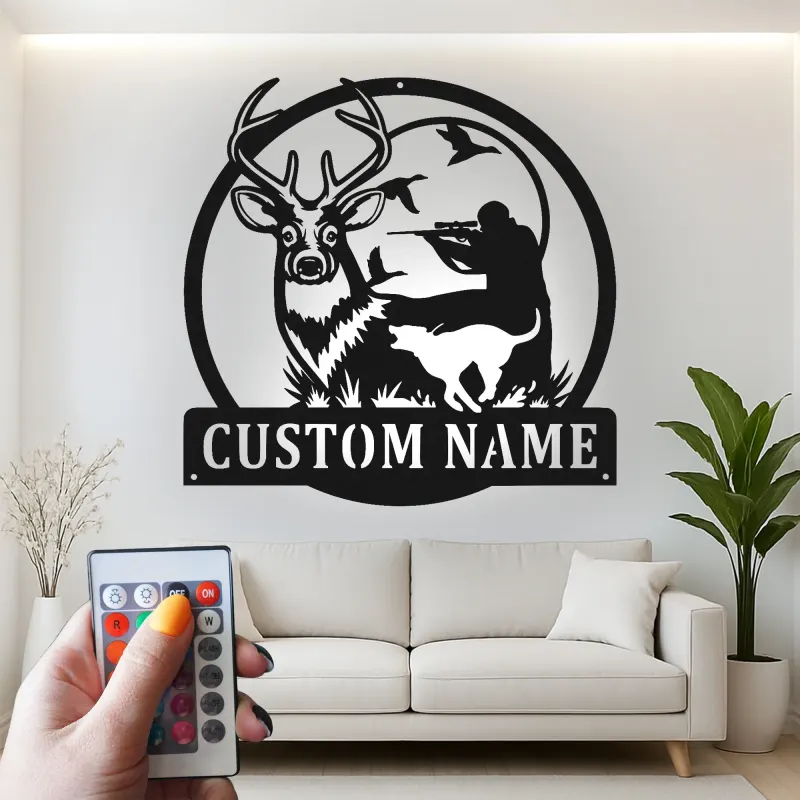 Custom Deer Hunting LED Metal Sign | Personalized Hunter & Dog Wall Art | Rustic Cabin Decor | Unique Gift for Outdoorsman