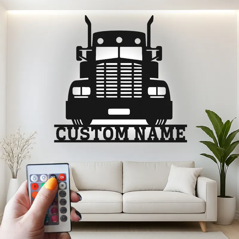 Cartel de Metal de Camión Semi Personalizado | Arte de Pared LED Personalizado para Camioneros | Decoración de Garaje de Gran Camión Regalo para Él