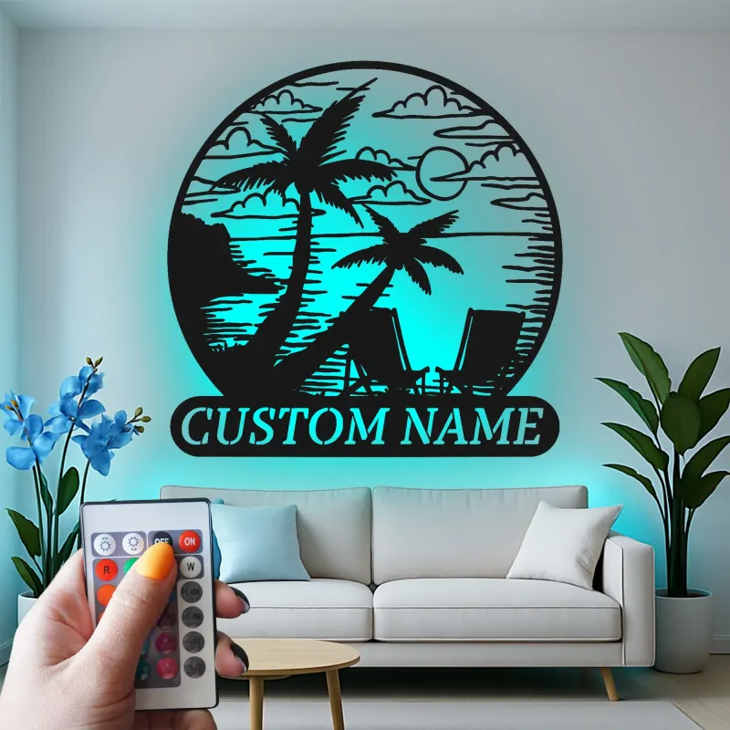 Décoration murale en métal personnalisée coucher de soleil sur la plage avec rétroéclairage LED cadeau côtier pour couples décoration de salon ou patio