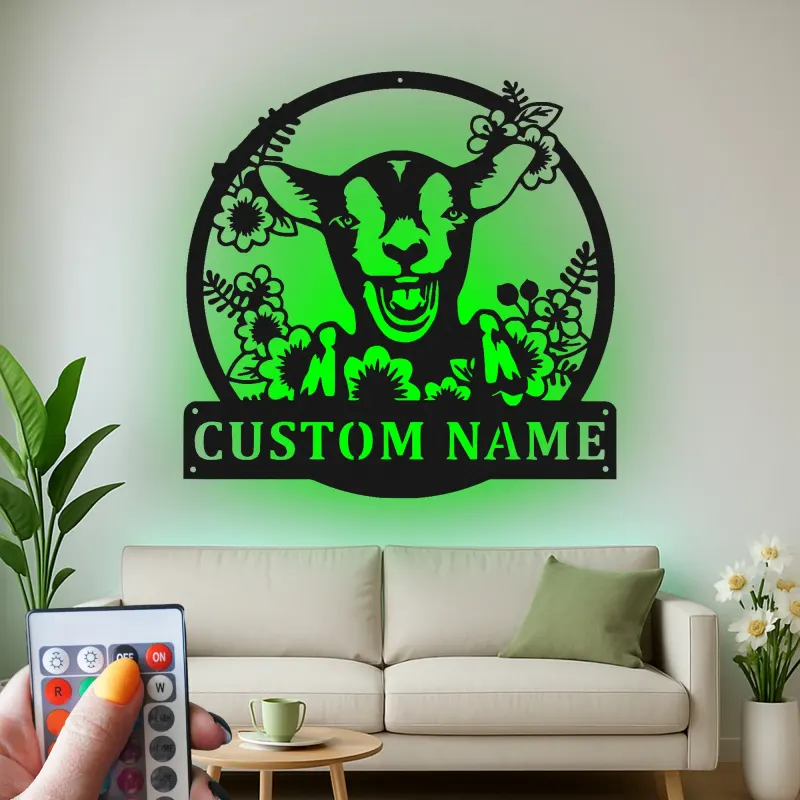 Cartel de cabra personalizado con LED | Arte mural de metal personalizado | Decoración farmhouse para granero o hogar | Regalo para amantes de las cabras