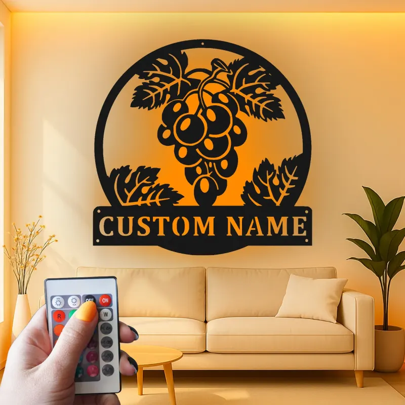 Cartel de viñedo con uvas personalizado | Decoración mural de metal con LED | Decoración para bodega y cocina | Regalo para amantes del vino