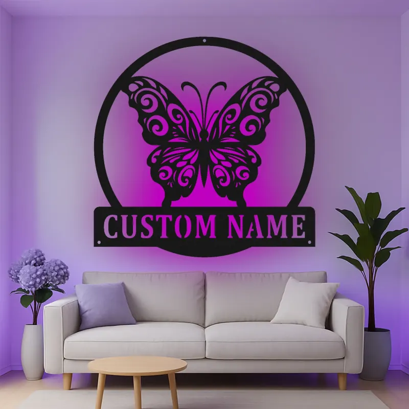 Décoration murale en métal LED personnalisée en forme de papillon - Cadeau pour elle pour la chambre ou le salon