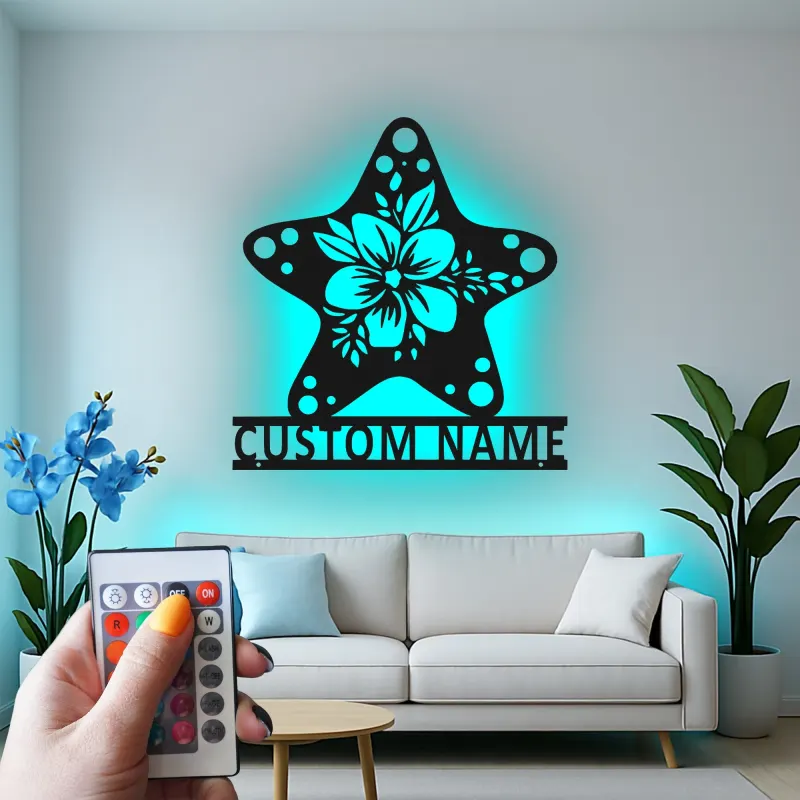 Cartel Personalizado de Hibisco y Estrella de Mar | Arte de Metal de Pared Personalizado con LED | Decoración de Casa de Playa Costera y Carteles para Salones