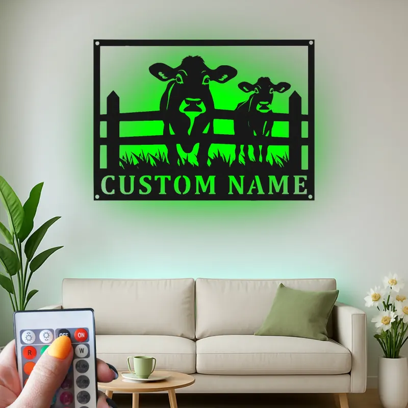 Insegna in metallo LED personalizzata con mucca e vitello - Regalo per agricoltori - Decorazione rustica per fienile