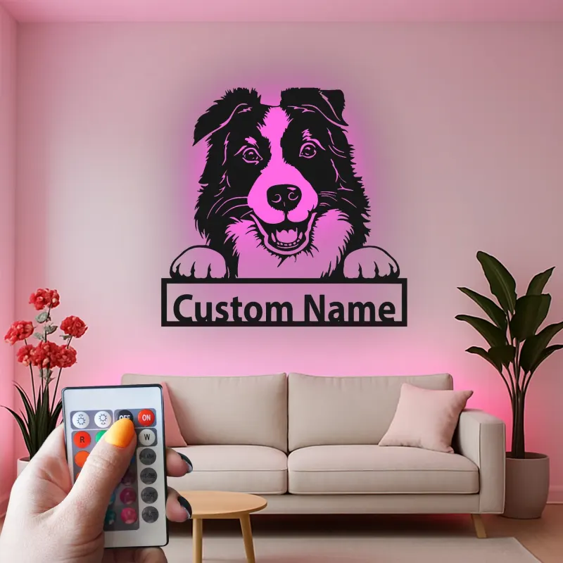Cartel de metal LED personalizado de Border Collie, regalo para amantes de los perros, decoración para la sala de estar