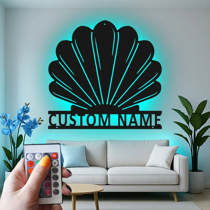 Arte in Metallo LED con Conchiglia | Insegna con Nome Personalizzata per Decorazione Costiera | Regalo Nautico per Casa al Mare