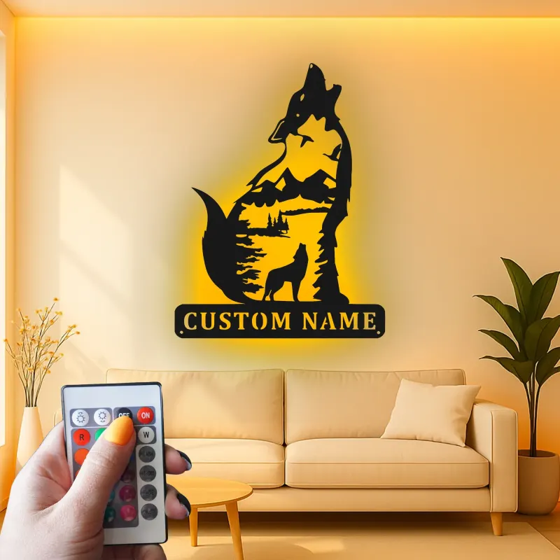 Cartel de metal personalizado de lobo aullando con luz LED Regalo para amantes de la naturaleza Decoración rústica de cabaña 3