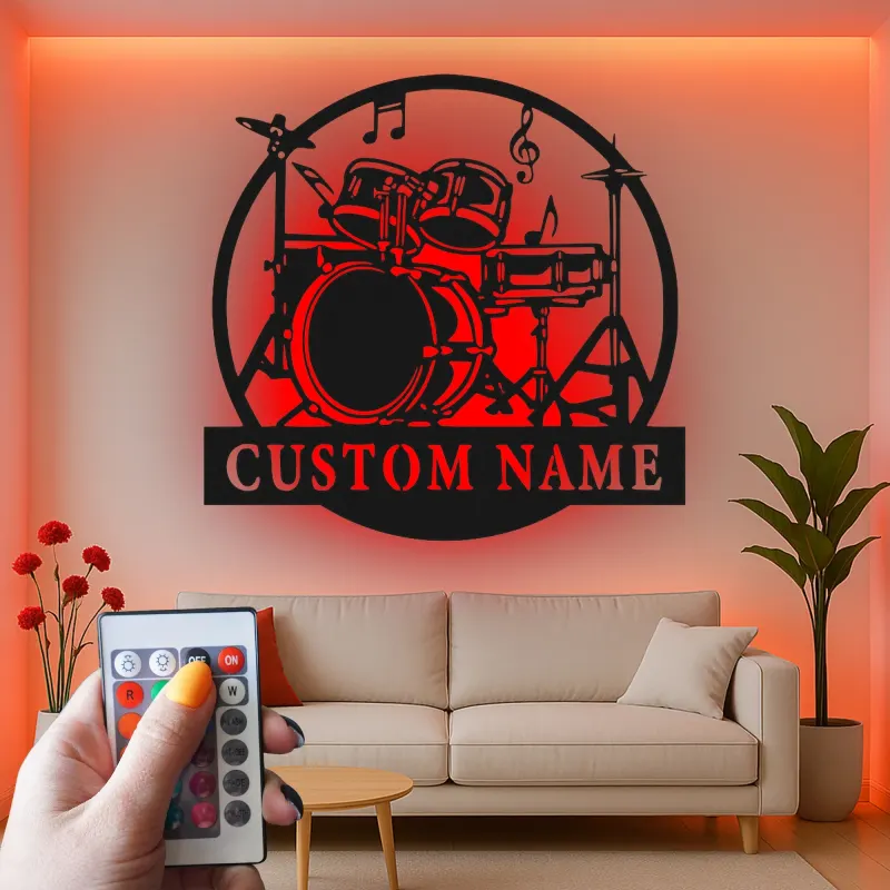 Décoration murale en métal LED personnalisée pour batteur - Cadeau musicien - Décor de salle de musique