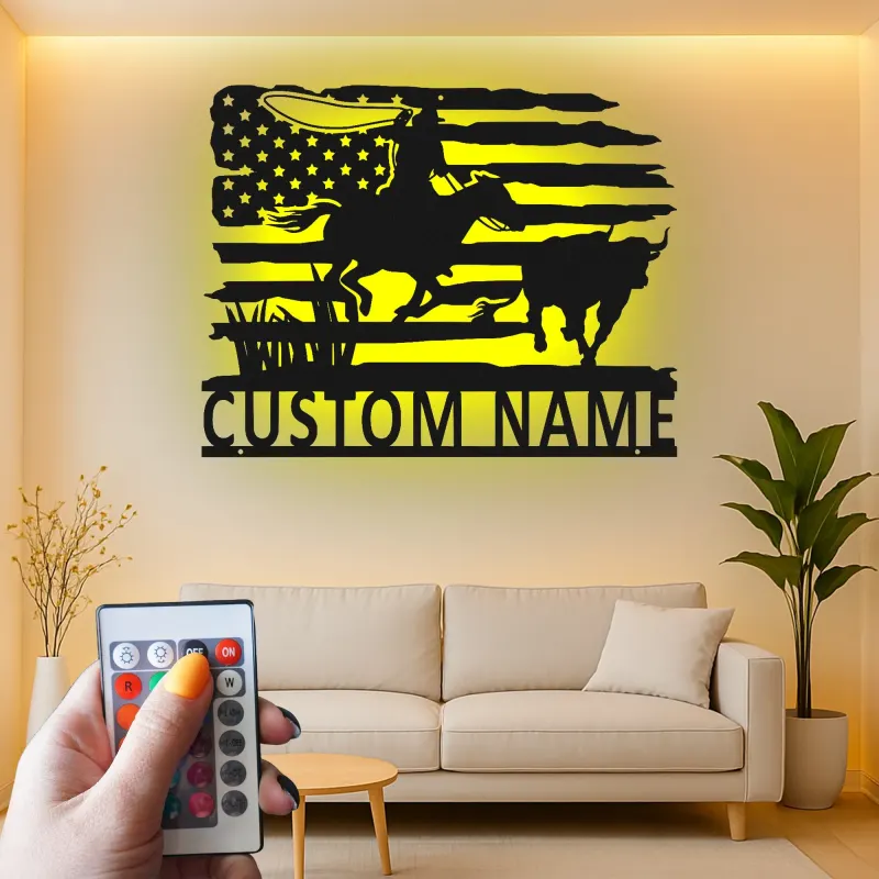 Cartel de metal personalizado con luz LED de vaquero rodeo, regalo western para él, decoración rústica de rancho