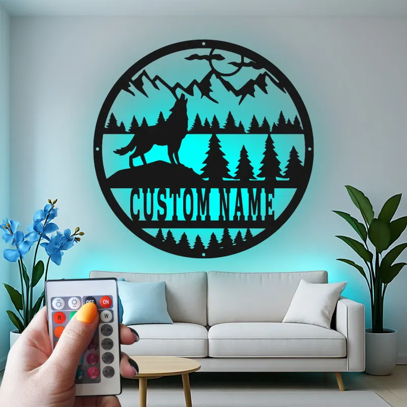 Custom Wolf Mountain Scene Led Light Metal Wall Art Personalized Gift for Nature Lovers Rustic Cabin Decor 1